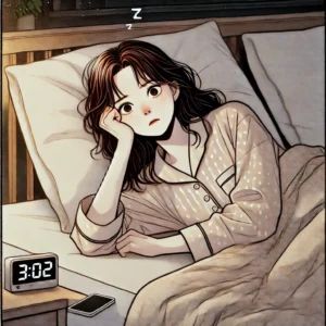 침대에 누워 잠들지 못하고 뒤척이는 30대 여성