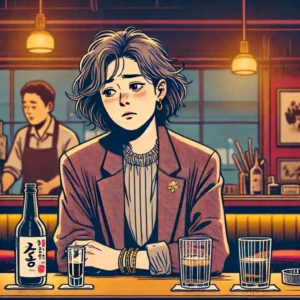 술집에서 과음하거나 음주 중인 40대 여성이 수면무호흡증의 위험요인을 나타내는 모습