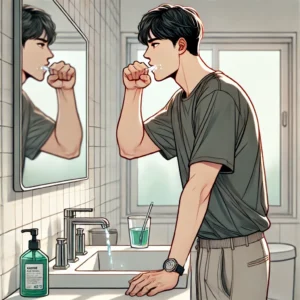 천식 흡입제 사용 후 양치질하는 여성