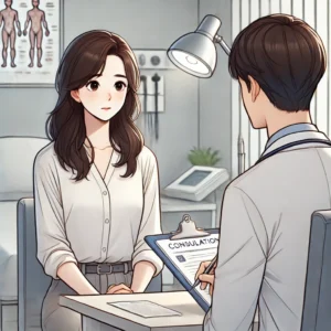 불면증 상담을 위해 병원에서 의사와 상담 중인 30대 여성