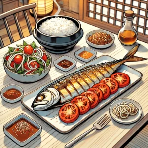 국물 없이 고등어, 깻잎나물, 토마토 샐러드로 구성된 저염 식단