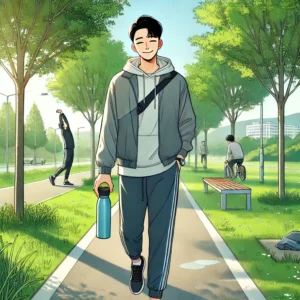 아침에 30분 걷기 운동을 하는 30대 남성