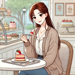 매장에서 케이크를 먹는 여성, 수면에 영향을 줄 수 있는 단 음식 장면