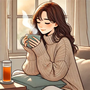 따뜻한 허브차를 마시는 여성, 천식 증상 완화에 도움이 되는 식이요법
