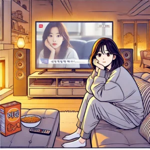 밤 시간대에 집에서 TV를 시청하는 30대 여성, 수면 환경에 영향을 주는 실내 조명 상황