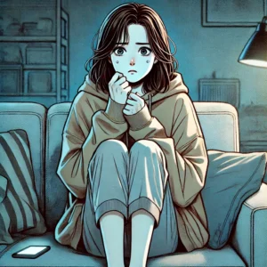 수면 부족으로 인해 불안함을 느끼는 여성, 스트레스에 민감해진 뇌 상태 표현