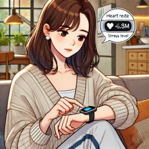 스마트워치로 심박수를 측정하며 스트레스를 확인하는 40대 여성