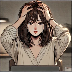 스트레스로 인해 머리를 감싸고 있는 30대 여성, 수면 방해 요인인 코르티솔 과분비를 표현