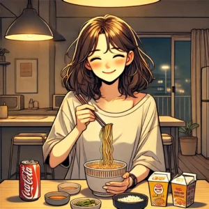 식탁에서 야식을 먹고 있는 30대 여성