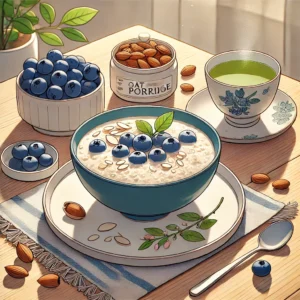 귀리죽, 블루베리, 아몬드, 녹차가 함께 차려진 건강한 식탁