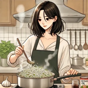 간 회복에 좋은 콩나물국을 정성껏 끓이고 있는 30대 여성 주부