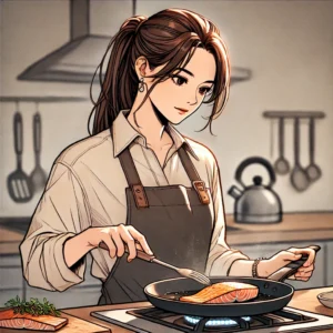 다낭성 난소증후군 관리식단으로 연어를 굽고 있는 30대 여성