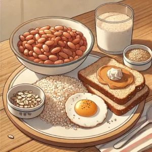 아미노산 보완을 위해 현미, 콩, 통밀빵과 땅콩버터, 귀리, 햄프씨드가 식탁에 놓인 모습