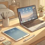 책상 위에 아이패드와 맥북이 나란히 놓여 있는 모습