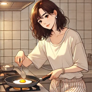 술 마신 다음날 계란후라이를 준비하는 30대 여성