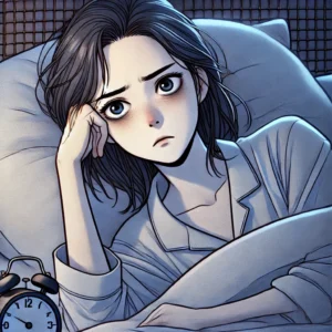 불면과 피로로 지친 표정을 짓고 있는 40대 여성