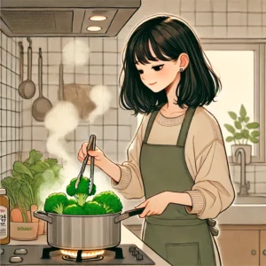 브로콜리를 삶고 있는 30대 여성 주부