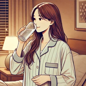 수면을 돕기 위해 물을 마시는 30대 여성