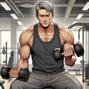 고단백 채식 식단으로 근손실을 예방하고 체력을 유지하기 위해 헬스장에서 덤벨 운동을 하는 60대 남성