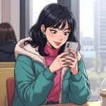 카페에서 아이폰으로 인스타그램을 사용하는 20대 여대생