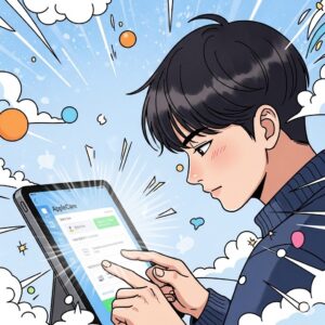 아이패드로 애플케어 가입 중인 20대 남자 대학생