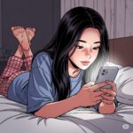 침대에 엎드려 스마트폰으로 SNS를 하는 20대 한국 여성