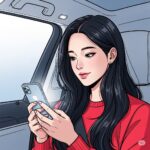 차량 조수석에 앉아 스마트폰으로 SNS를 사용하는 20대 한국 여성