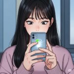 아이폰 배터리 설정을 점검하는 20대 여성 캐릭터