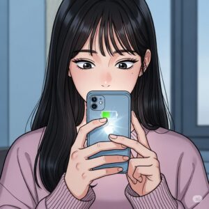 아이폰 배터리 설정을 점검하는 20대 여성 캐릭터