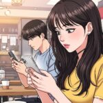 한여름 카페에서 각자 스마트폰으로 SNS를 하는 20대 한국 남녀 커플