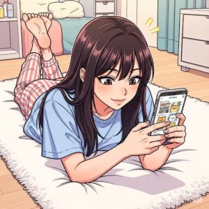 침대에 누워 아이폰을 설정하고 있는 20대 여대생의 모습