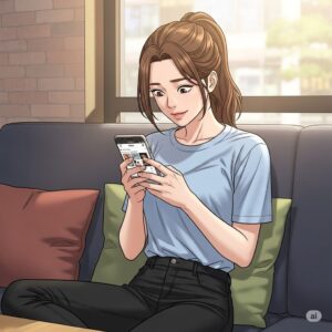 카페 소파에 앉아 스마트폰으로 인스타그램을 사용하는 20대 한국 여학생