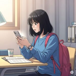 책상 위에서 아이폰으로 웹서핑하는 20대 여대생