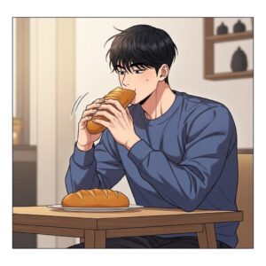 "식탁에서 빵을 먹고 있는 30대 남성"