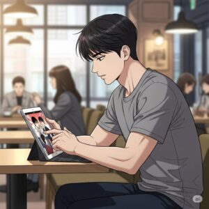 카페에서 아이패드로 웹서핑 중인 20대 남자 대학생