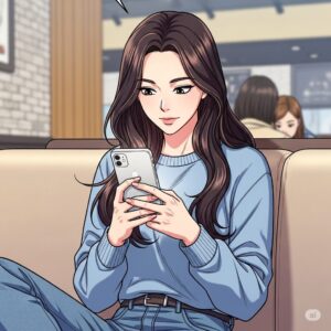 카페 소파에 앉아서 스마트폰으로 인스타그램을 사용하는 20대 한국 여학생
