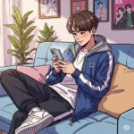 집 소파에서 아이폰으로 인스타그램을 사용하는 20대 남성