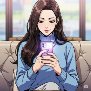 카페 소파에 앉아서 스마트폰으로 인스타그램을 하는 20대 한국 여학생