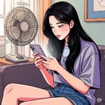 선풍기를 틀어놓고 방 안에서 스마트폰으로 SNS를 즐기는 20대 한국 여성