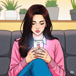 카페 소파에 앉아서 스마트폰으로 인스타그램을 사용하는 20대 한국 여학생