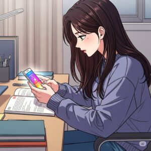 독서실 책상에 앉아서 스마트폰으로 인스타그램을 사용하는 20대 한국 여학생