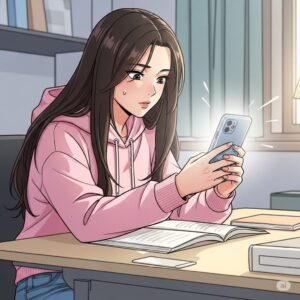독서실 책상에 앉아서 스마트폰으로 인스타그램을 하는 20대 한국 여학생