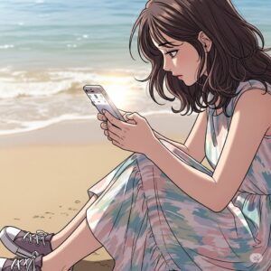 모래사장에 앉아 스마트폰으로 인스타그램을 사용하는 20대 한국 여학생