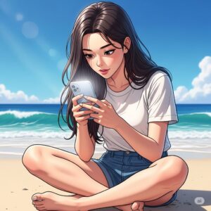 모래사장에 앉아 스마트폰으로 인스타그램을 하는 20대 한국 여학생