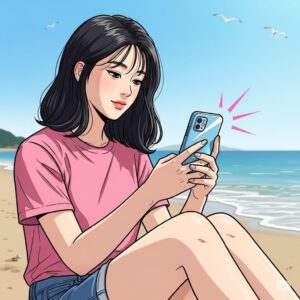 모래사장에 앉아 스마트폰으로 인스타그램을 사용하는 20대 한국 여학생