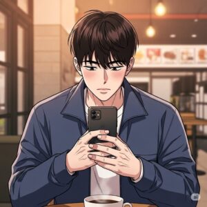 카페에서 커피를 마시며 스마트폰을 사용하는 20대 남성
