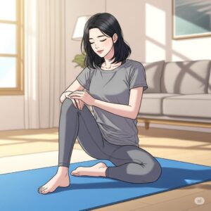 앉은 자세로 무릎을 비틀며 스트레칭하는 20대 여성