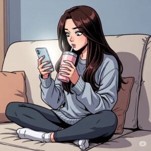 소파에 앉아 음료수를 마시며 스마트폰을 사용하는 20대 여대생