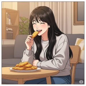 소화가 잘 안 될 때 피해야 할 음식인 튀김류를 먹고 있는 20대 여성