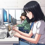 컴퓨터실에서 아이패드로 인터넷 중인 20대 여성